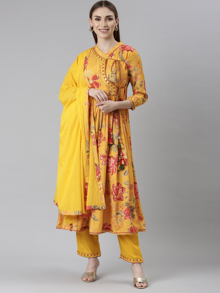 Neerus Mustard Pleated Straight Floral Readymade suits