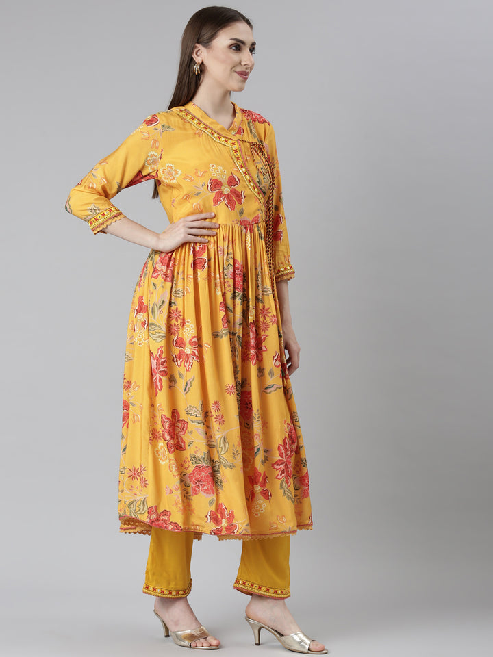 Neerus Mustard Pleated Straight Floral Readymade suits