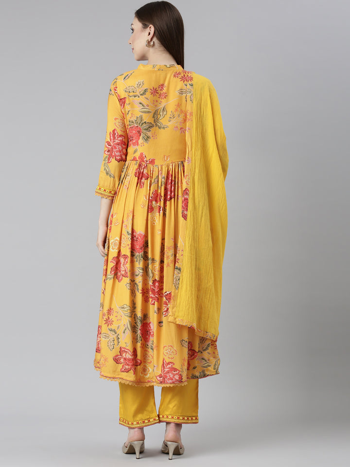Neerus Mustard Pleated Straight Floral Readymade suits