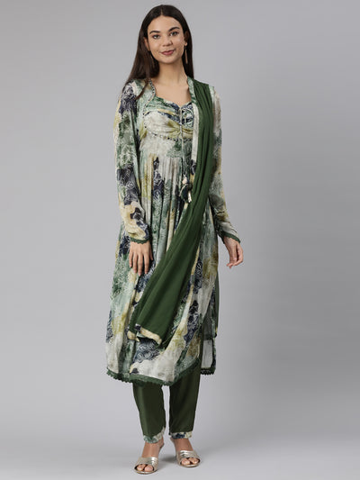 Neeru's Mehadi Green Regular Straight Floral Kurta And Trousers With Dupatta