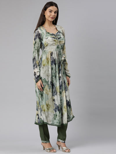 Neeru's Mehadi Green Regular Straight Floral Kurta And Trousers With Dupatta