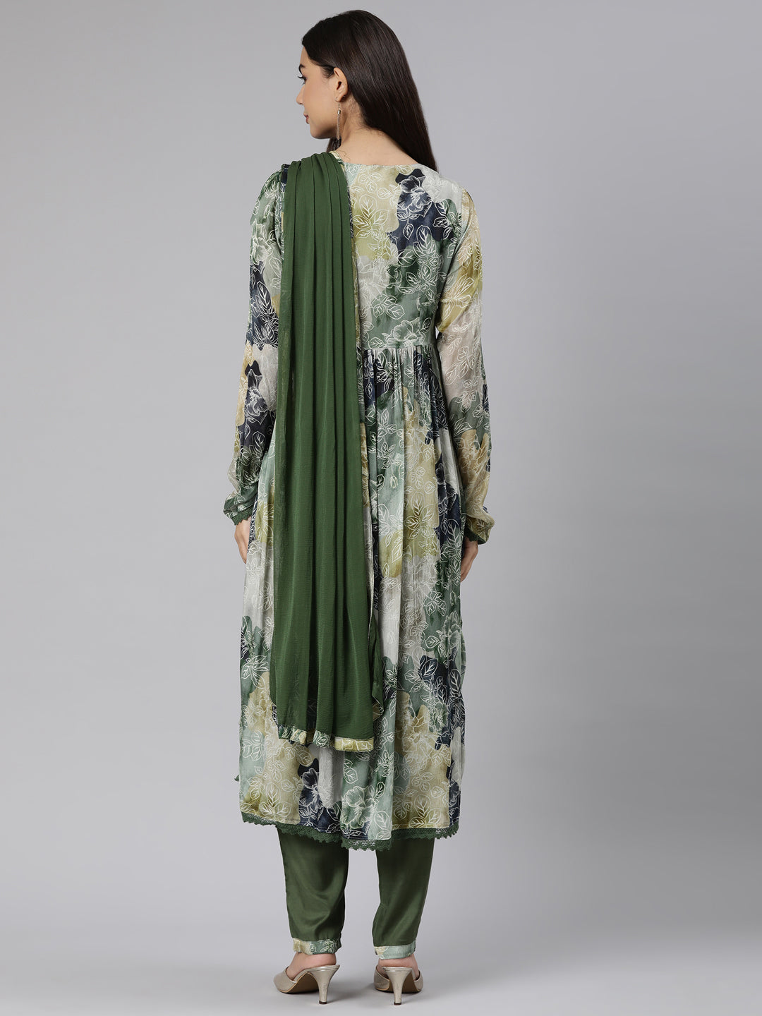 Neeru's Mehadi Green Regular Straight Floral Kurta And Trousers With Dupatta