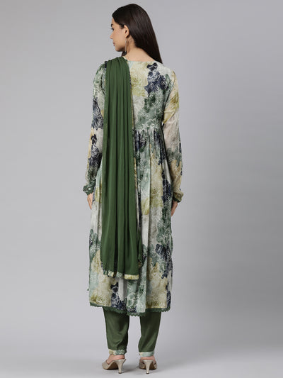 Neeru's Mehadi Green Regular Straight Floral Kurta And Trousers With Dupatta