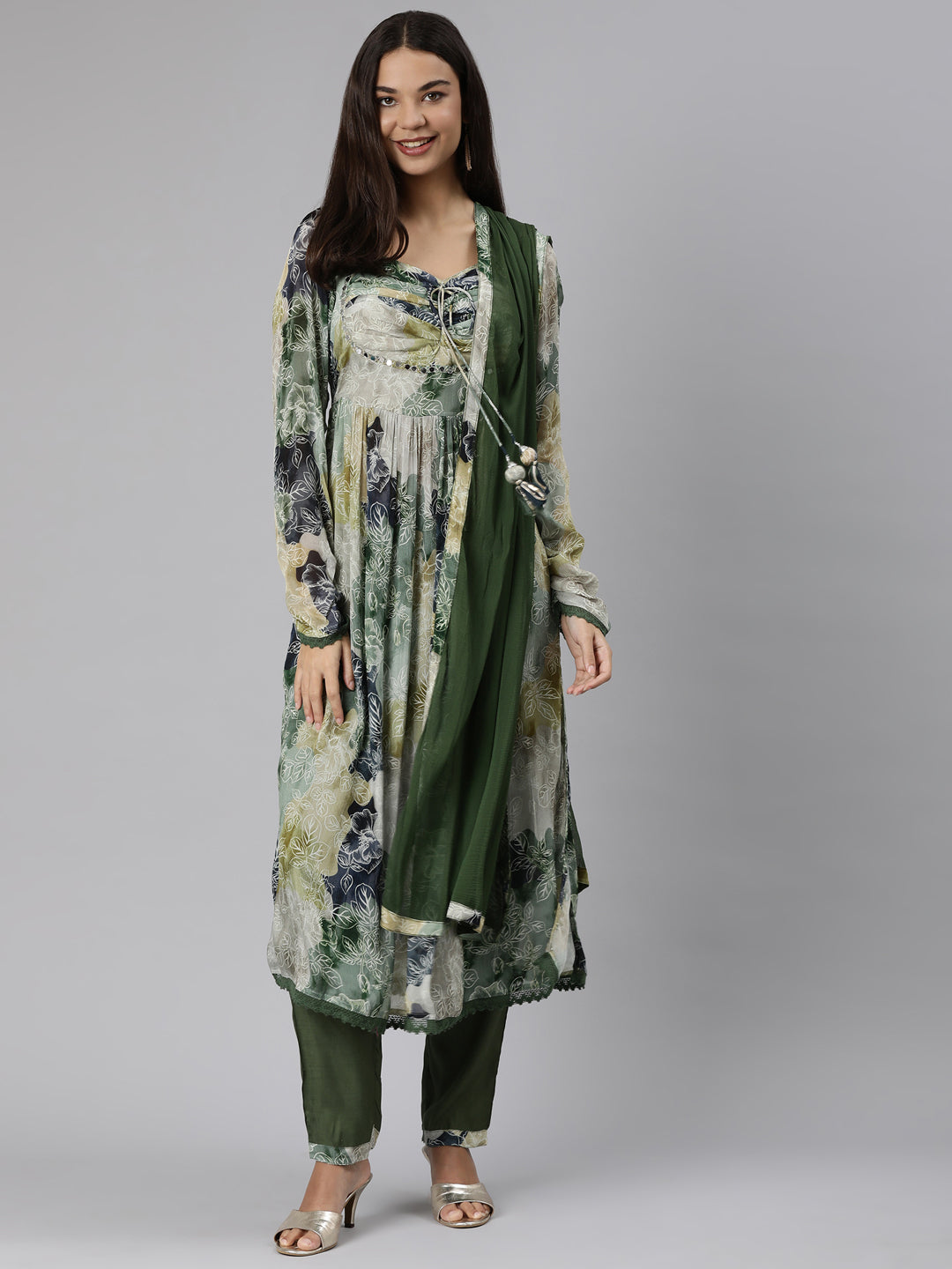 Neeru's Mehadi Green Regular Straight Floral Kurta And Trousers With Dupatta