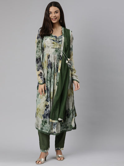 Neeru's Mehadi Green Regular Straight Floral Kurta And Trousers With Dupatta