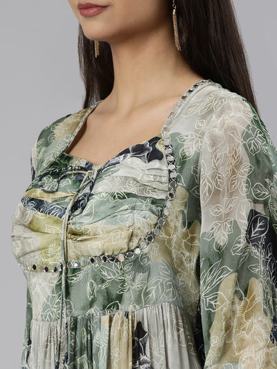 Neeru's Mehadi Green Regular Straight Floral Kurta And Trousers With Dupatta