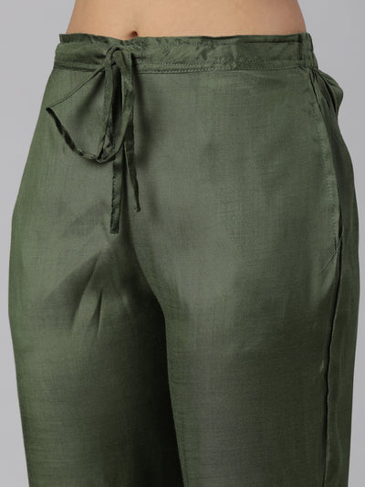 Neeru's Mehadi Green Regular Straight Floral Kurta And Trousers With Dupatta