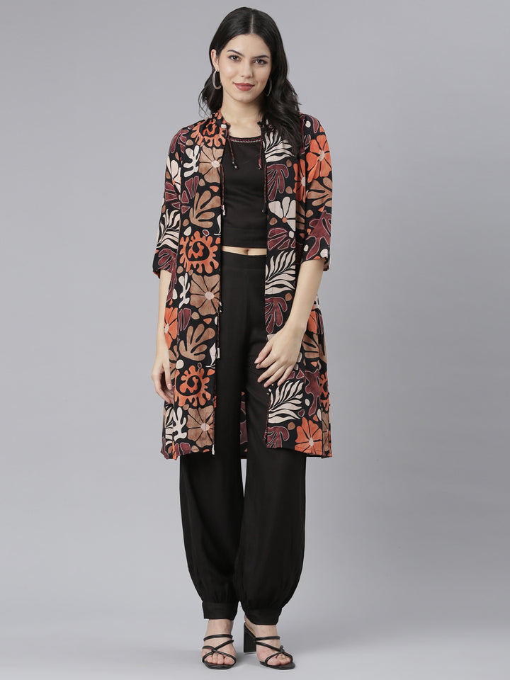 Neerus Black Regular Straight Tribal Top And Salwar With Jacket