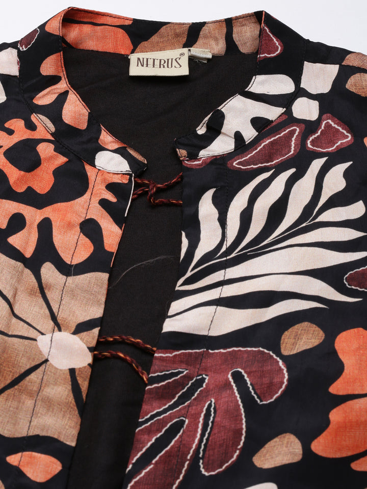 Neerus Black Regular Straight Tribal Top And Salwar With Jacket