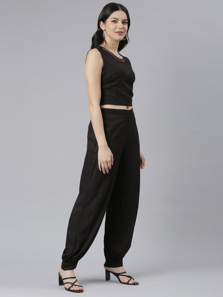 Neerus Black Regular Straight Tribal Top And Salwar With Jacket