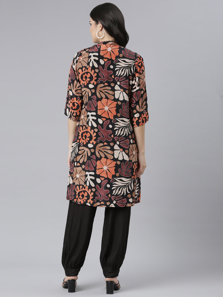 Neerus Black Regular Straight Tribal Top And Salwar With Jacket