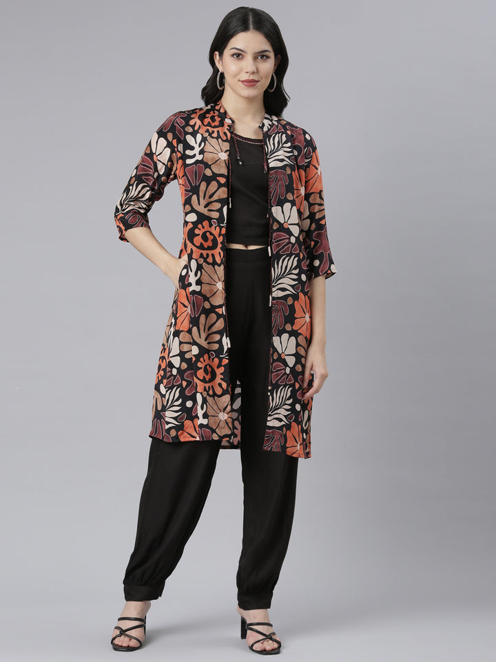 Neerus Black Regular Straight Tribal Top And Salwar With Jacket