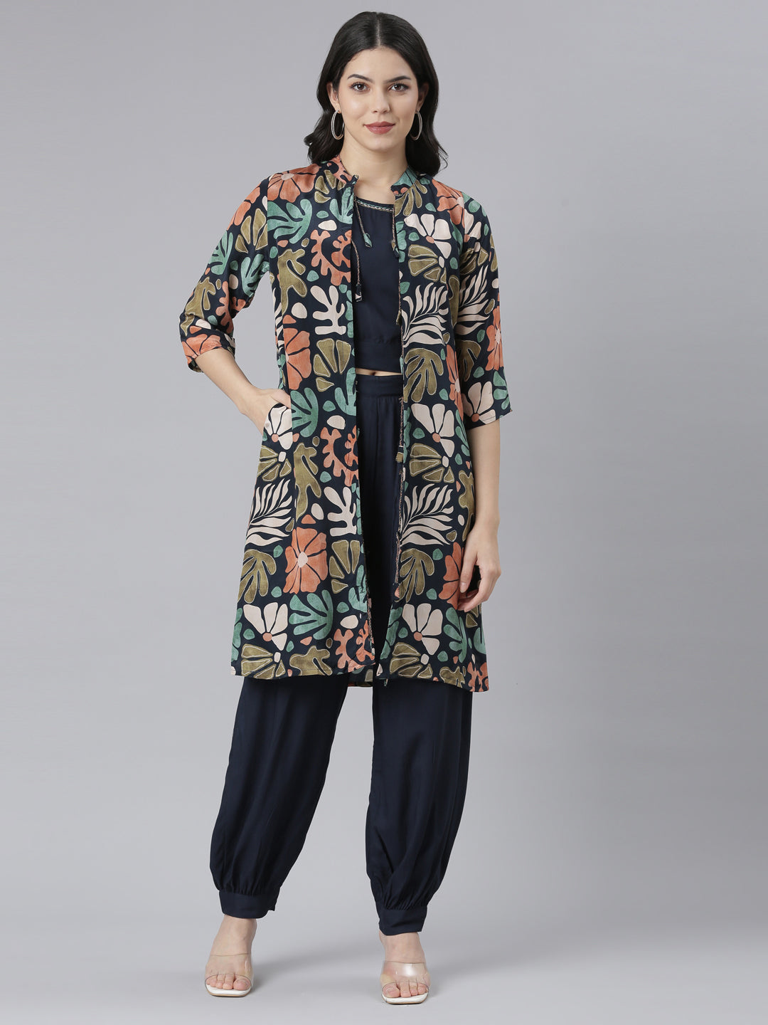Neerus Navy Blue Regular Straight Tribal Top And Salwar With Jacket