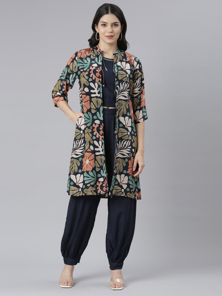 Neerus Navy Blue Regular Straight Tribal Top And Salwar With Jacket