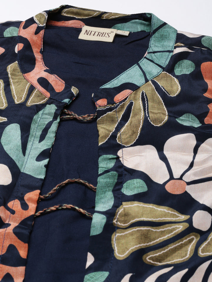 Neerus Navy Blue Regular Straight Tribal Top And Salwar With Jacket