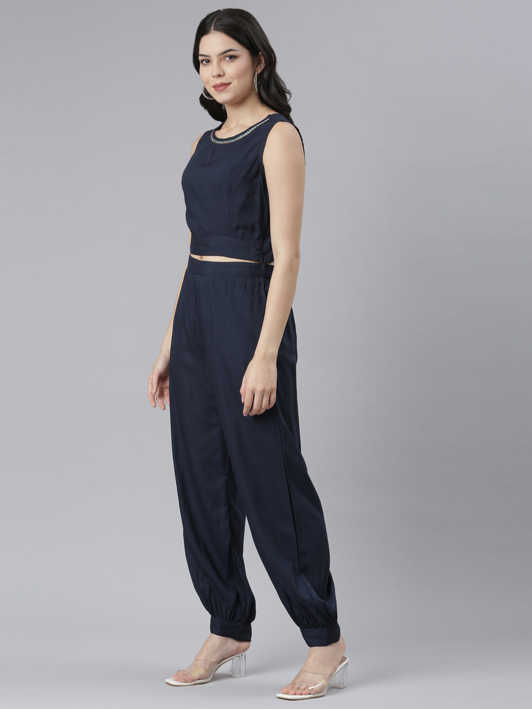 Neerus Navy Blue Regular Straight Tribal Top And Salwar With Jacket