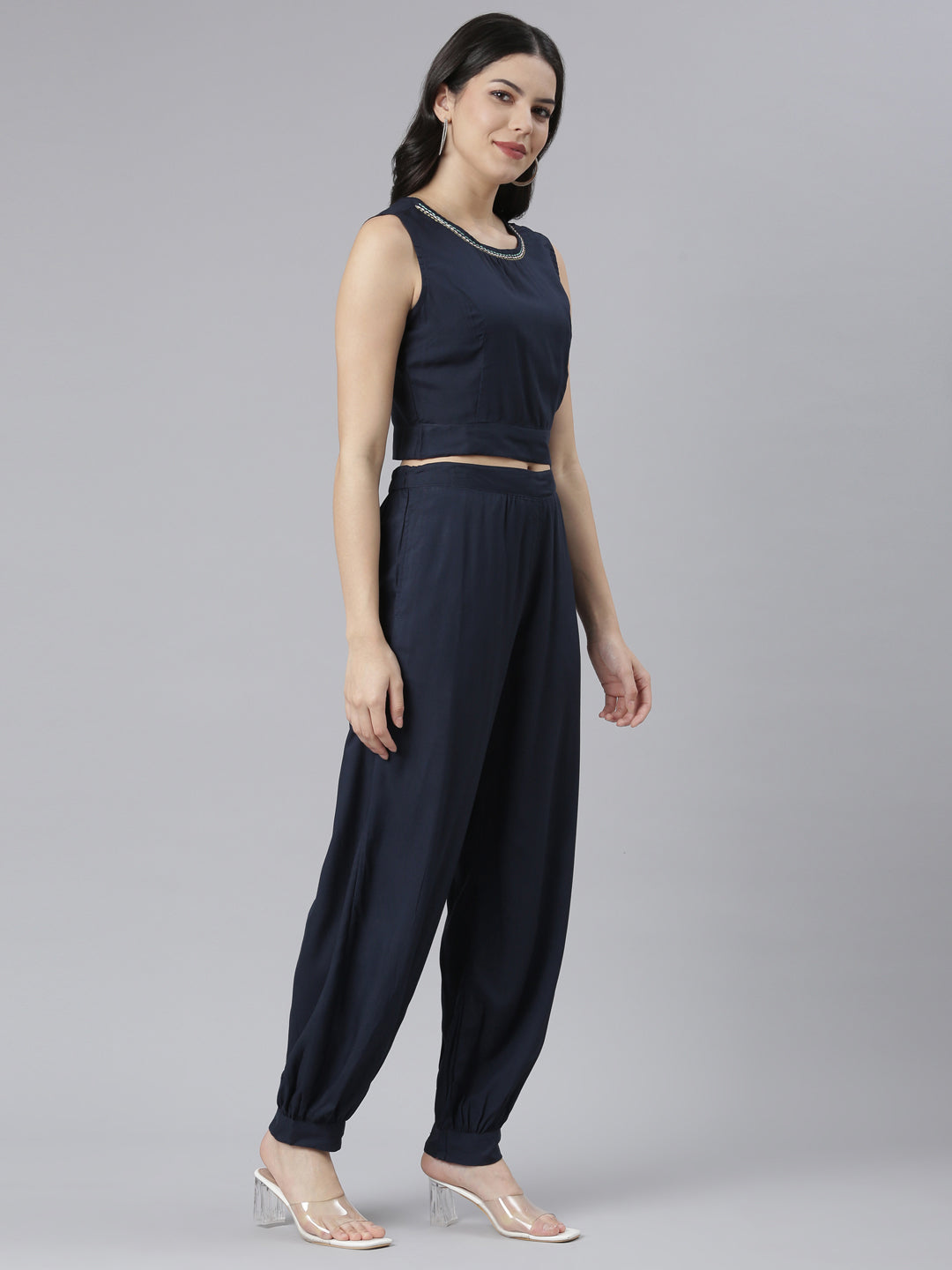 Neerus Navy Blue Regular Straight Tribal Top And Salwar With Jacket