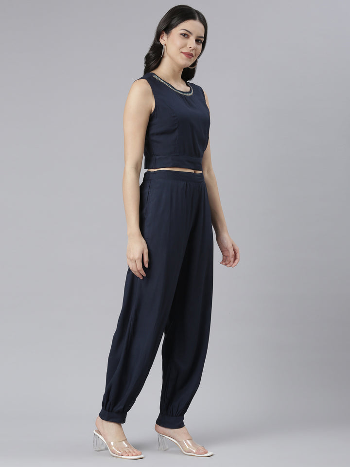 Neerus Navy Blue Regular Straight Tribal Top And Salwar With Jacket