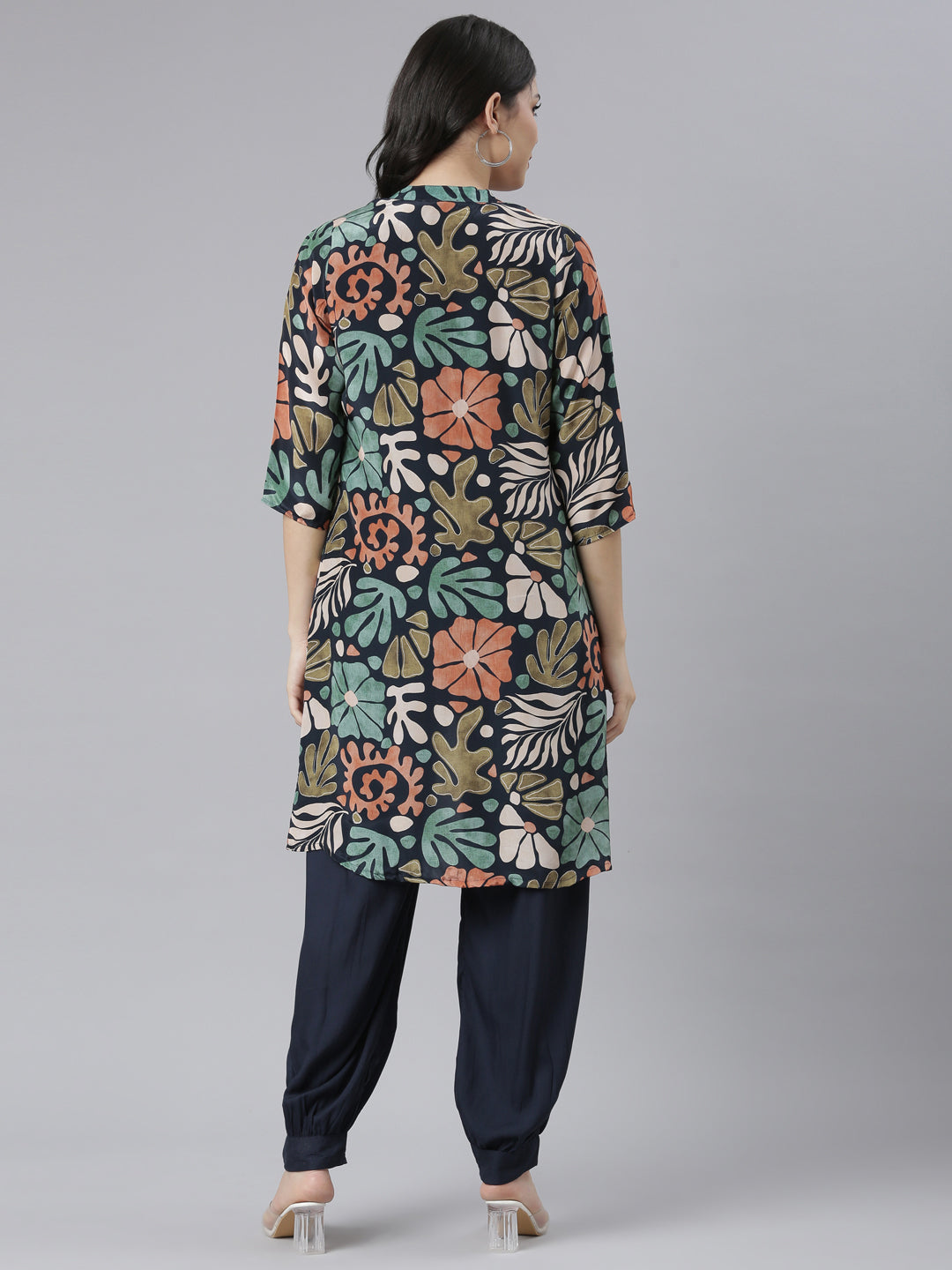 Neerus Navy Blue Regular Straight Tribal Top And Salwar With Jacket