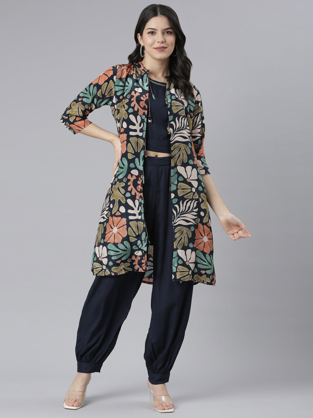 Neerus Navy Blue Regular Straight Tribal Top And Salwar With Jacket