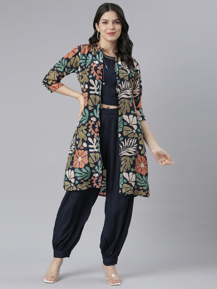 Neerus Navy Blue Regular Straight Tribal Top And Salwar With Jacket