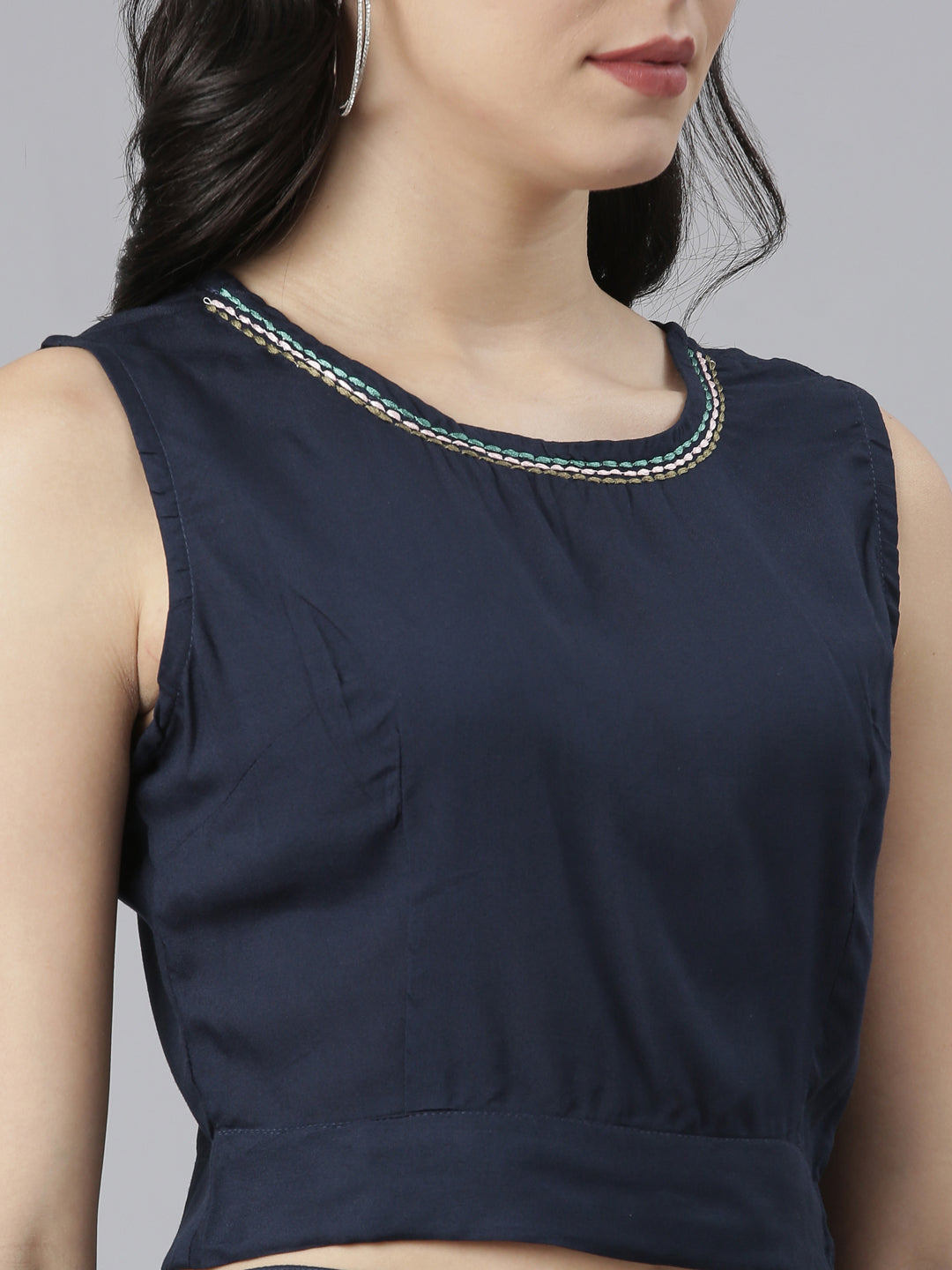 Neerus Navy Blue Regular Straight Tribal Top And Salwar With Jacket