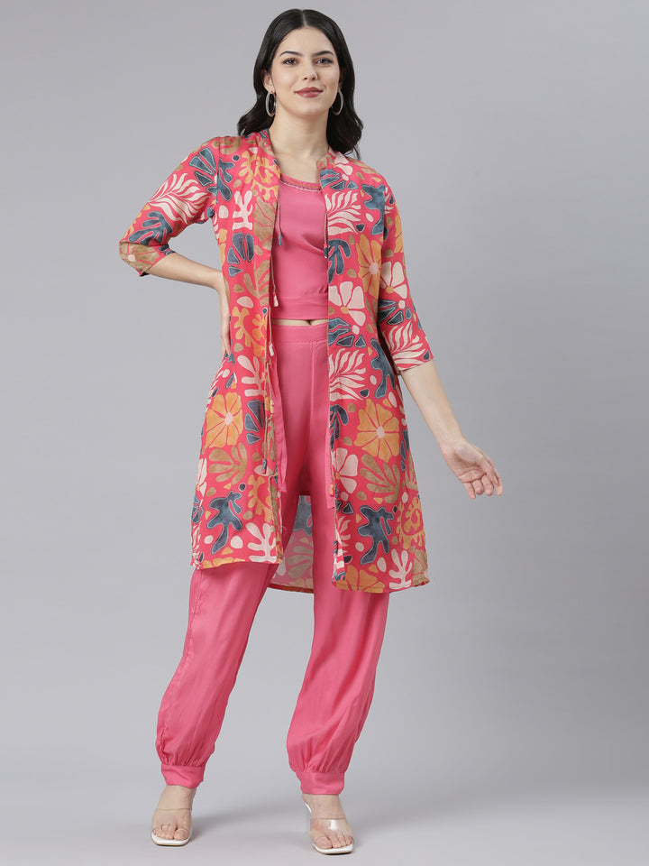 Neerus Pink Regular Straight Tribal Top And Salwar With Jacket