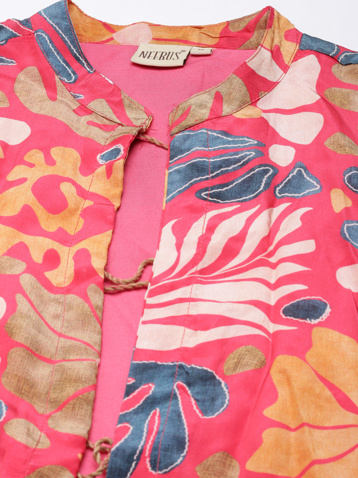 Neerus Pink Regular Straight Tribal Top And Salwar With Jacket