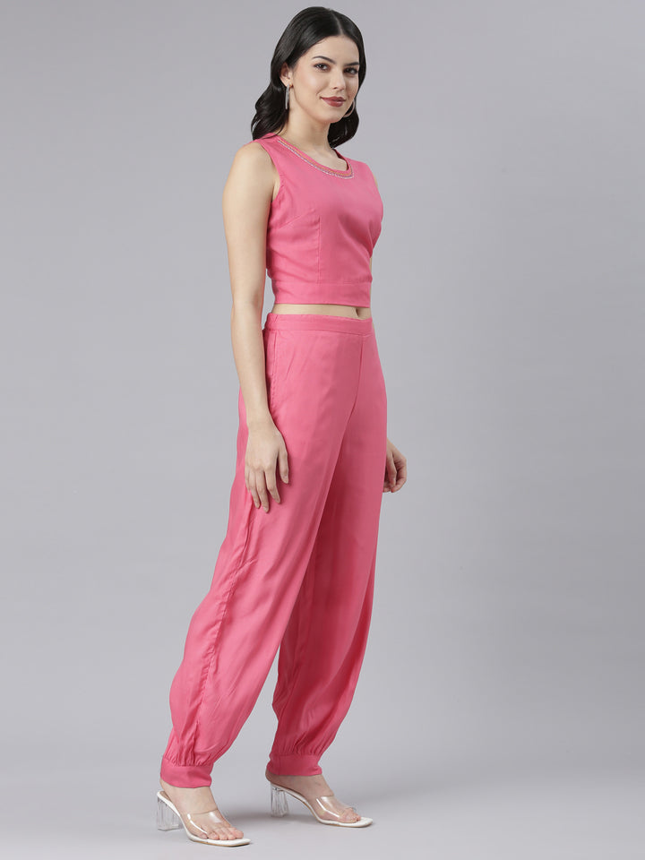 Neerus Pink Regular Straight Tribal Top And Salwar With Jacket