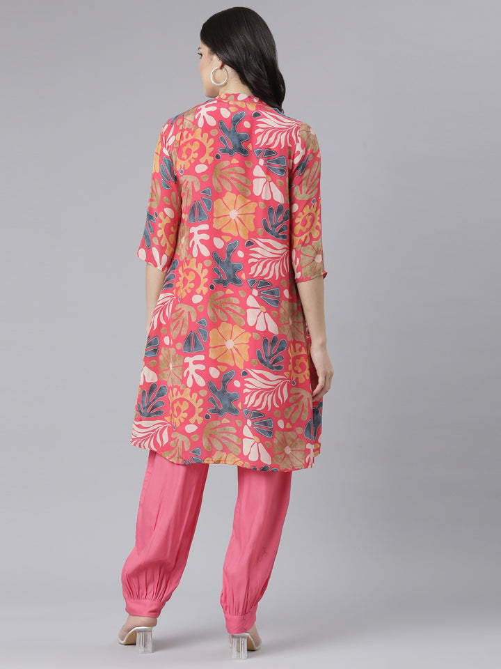 Neerus Pink Regular Straight Tribal Top And Salwar With Jacket
