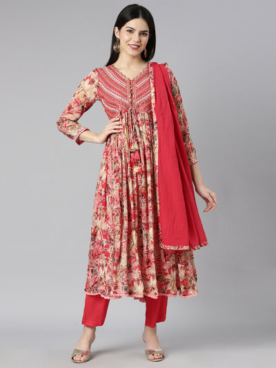 Neerus Red Pleated Straight Floral Kurta And Trousers With Dupatta