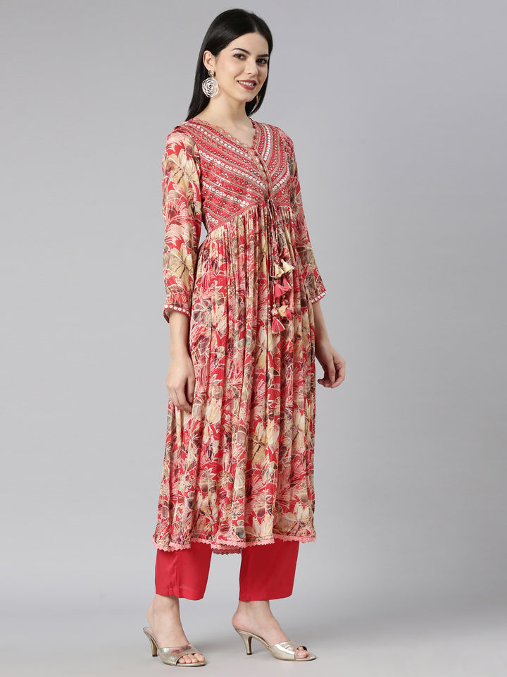 Neerus Red floral printed kurta set with trousers and dupatta - back view
