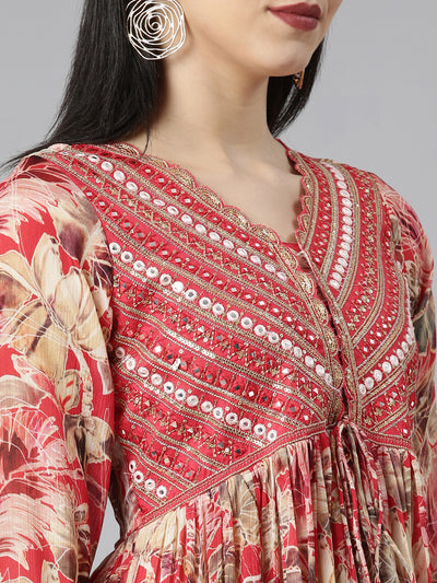 Neerus Red Pleated Straight Floral Kurta And Trousers With Dupatta
