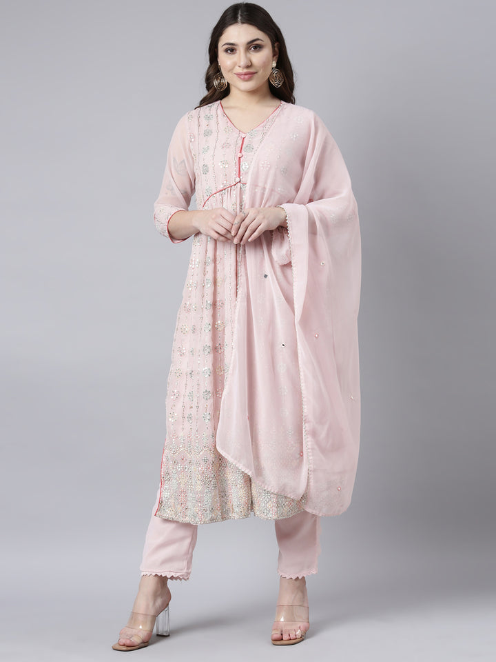 Neerus Pink georgette printed suit set - front view