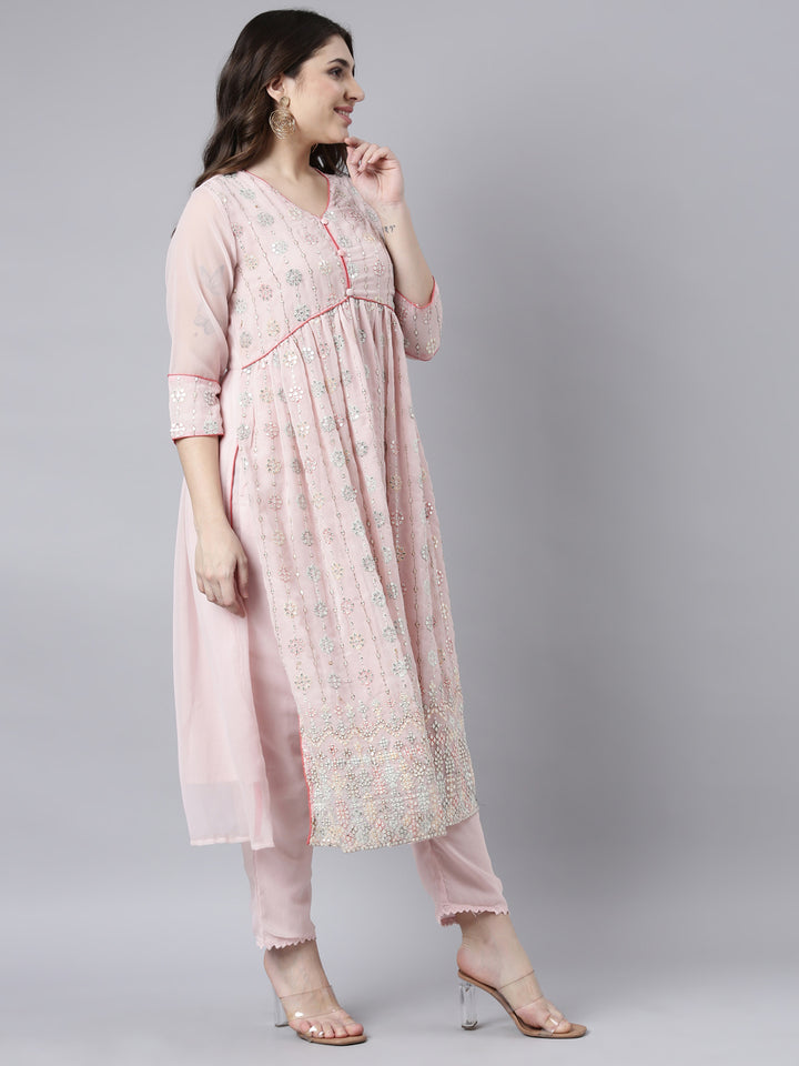 Neerus Pink georgette printed suit set - detail view 2