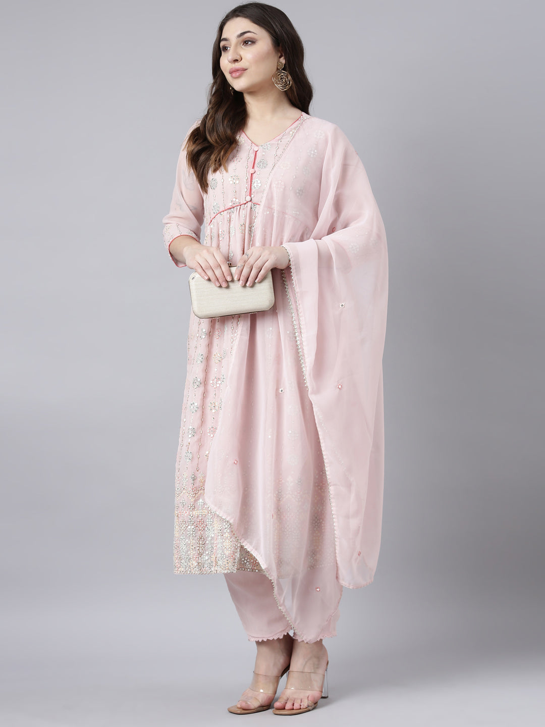 Neerus Pink georgette printed suit set - back view