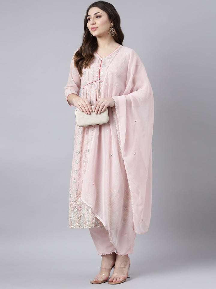 Neerus Pink georgette printed suit set - back view