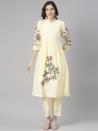 Neerus Yellow Embroidered Straight Kurta and Trousers