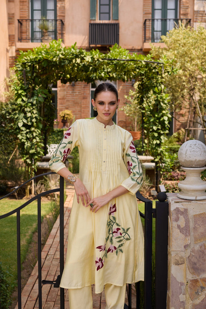 Neerus Yellow Embroidered Straight Kurta and Trousers