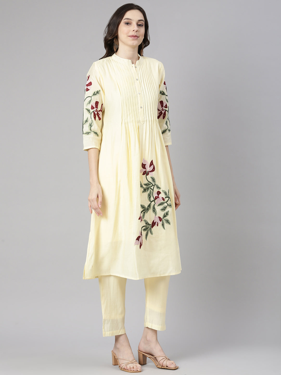 Neerus Yellow Embroidered Straight Kurta and Trousers