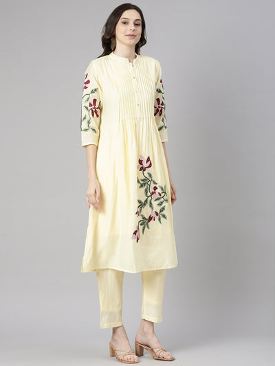 Neerus Yellow Embroidered Straight Kurta and Trousers