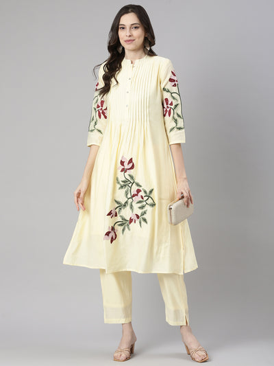 Neerus Yellow Embroidered Straight Kurta and Trousers