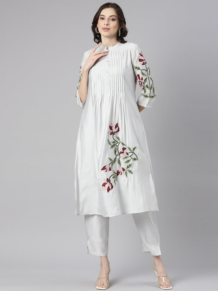 Neerus Grey Embroidered Straight Kurta and Trousers