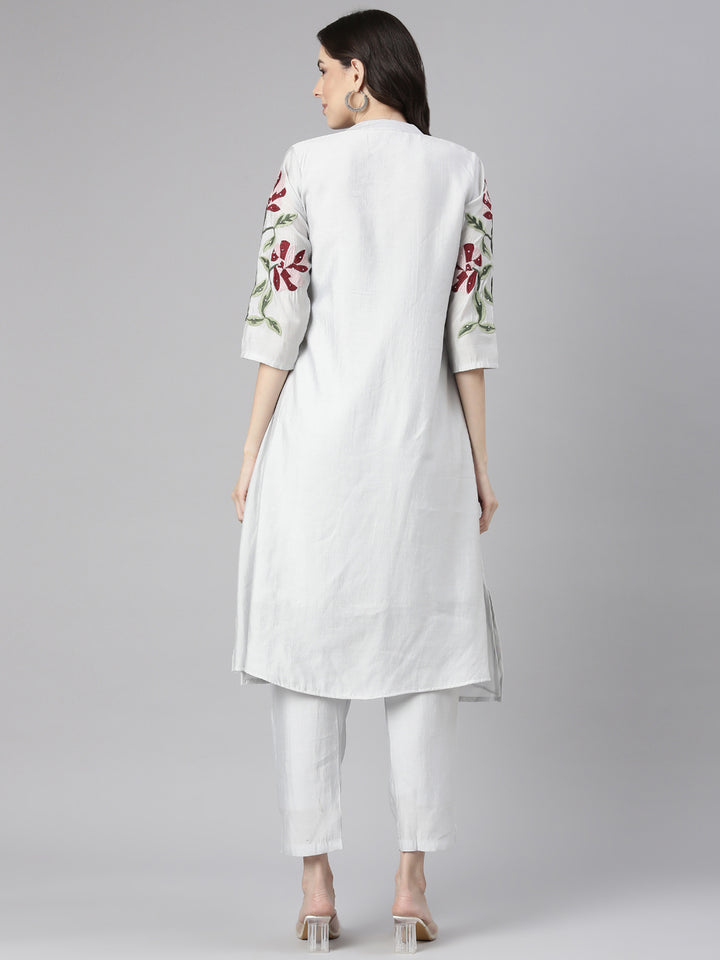 Neerus Grey Embroidered Straight Kurta and Trousers