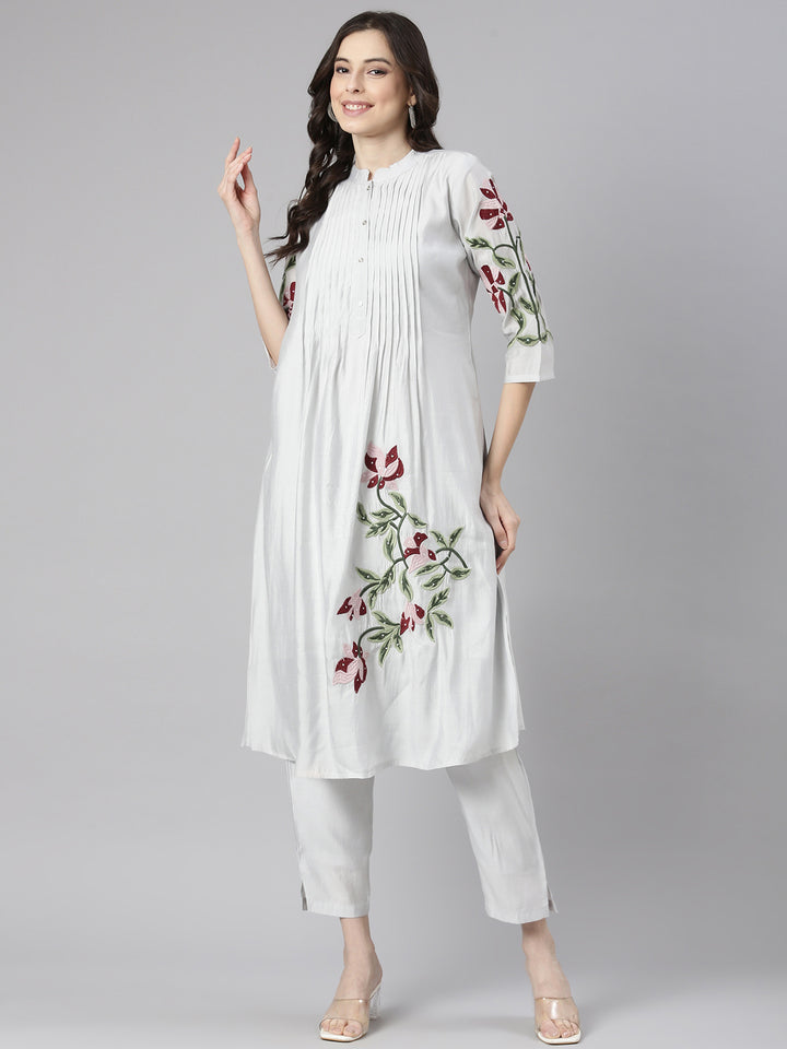 Neerus Grey Embroidered Straight Kurta and Trousers
