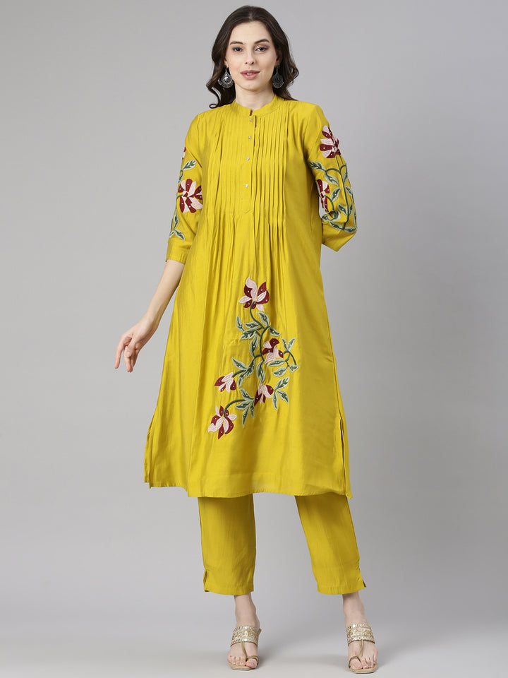Neerus Mustard Embroidered Straight Kurta and Trousers