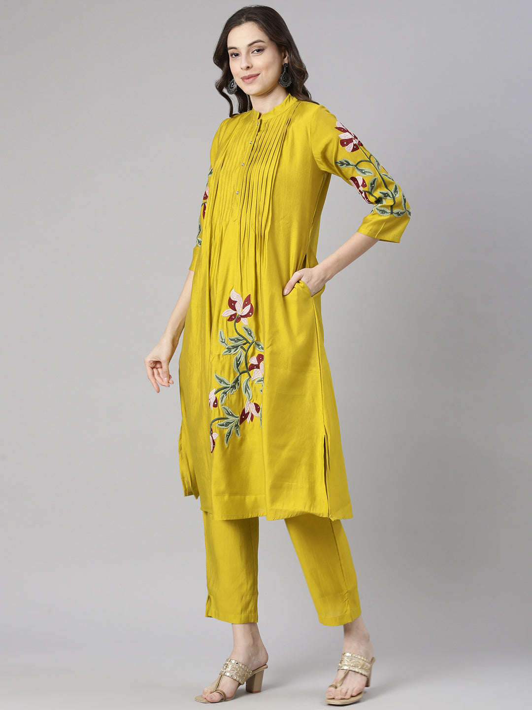 Neerus Mustard Embroidered Straight Kurta and Trousers