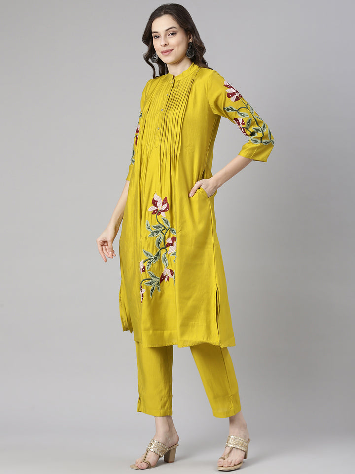 Neerus Mustard Embroidered Straight Kurta and Trousers