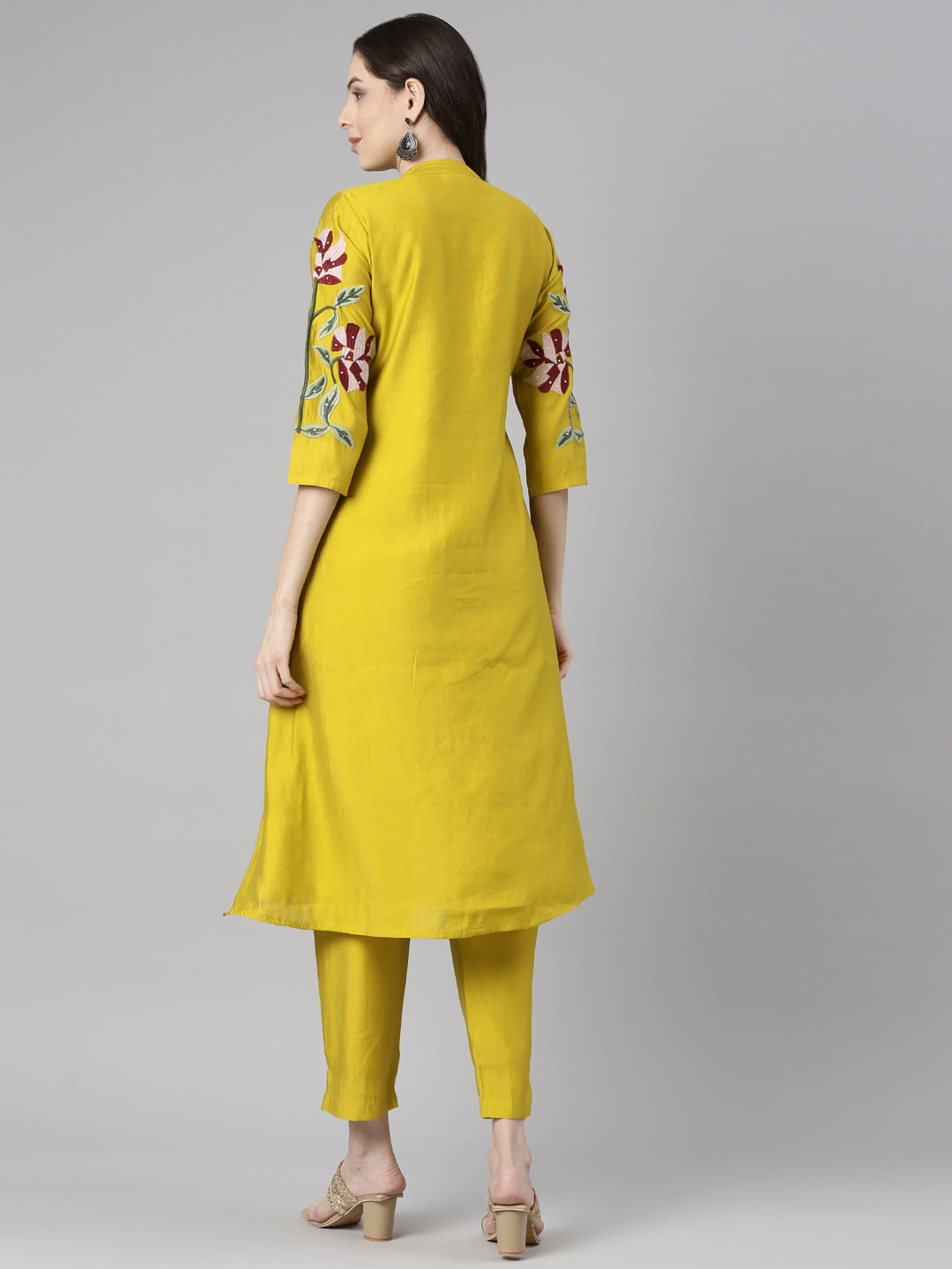 Neerus Mustard Embroidered Straight Kurta and Trousers