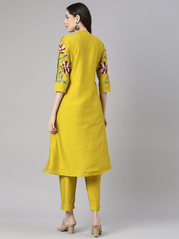 Neerus Mustard Embroidered Straight Kurta and Trousers